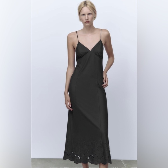 Zara New Women Sexy Bohemian Dark Anthracite Embroidered Slip Dress - Picture 2 of 15